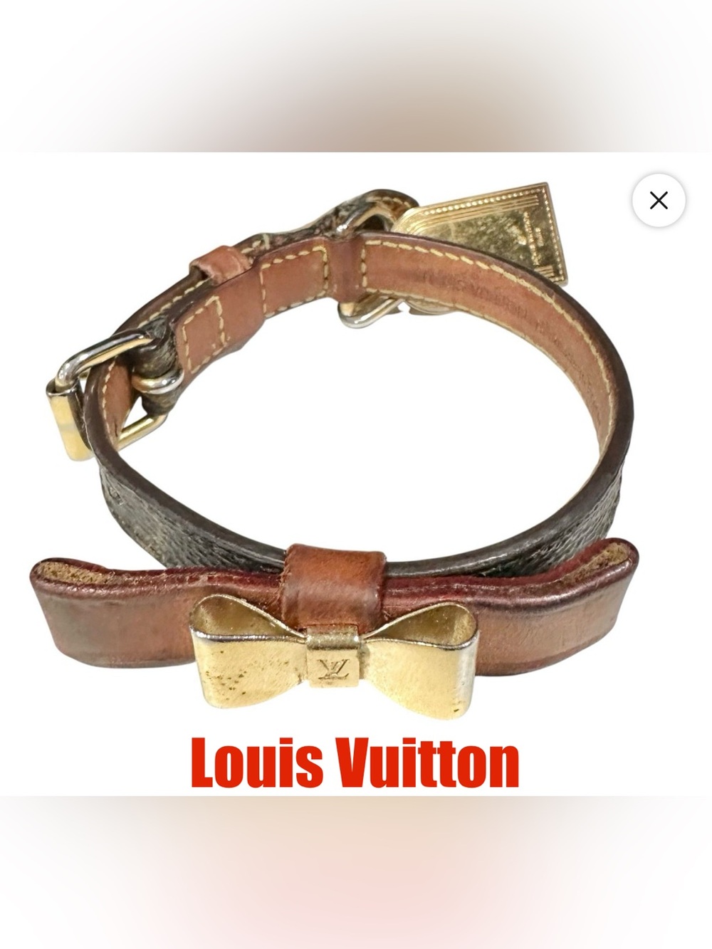 Louis Vuitton Monogram Collier Baxter Dog Collar Metal Charm Brown Gold Genuine